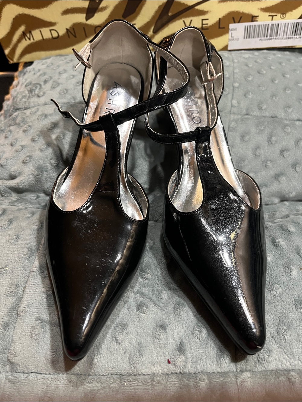 Ashro Black Patent T-Strap Pointed Toe Heels